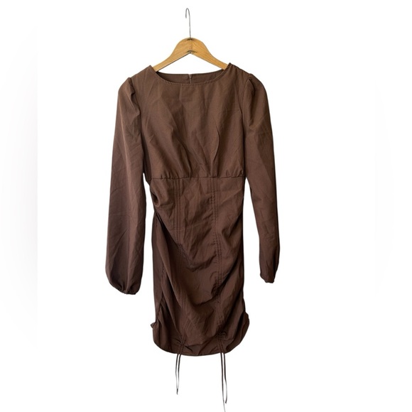 NWT PrettyLittleThing | Women’s Chocolate Brown Long Sleeve Ruched Mini Dress, 4 - Picture 2 of 15